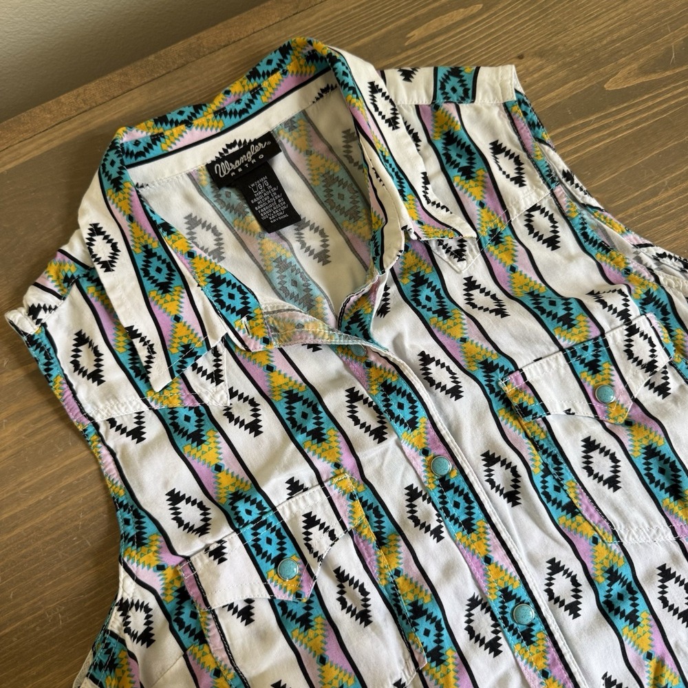 Wrangler Retro Womens Large Aztec Print Sleeveless Snap Up Shirt Collar Tank Top